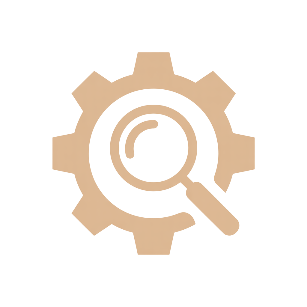 Ratas-ikoni suurennuslasilla, joka kuvaa palovaroittimien huollon automaattista seurantaa.