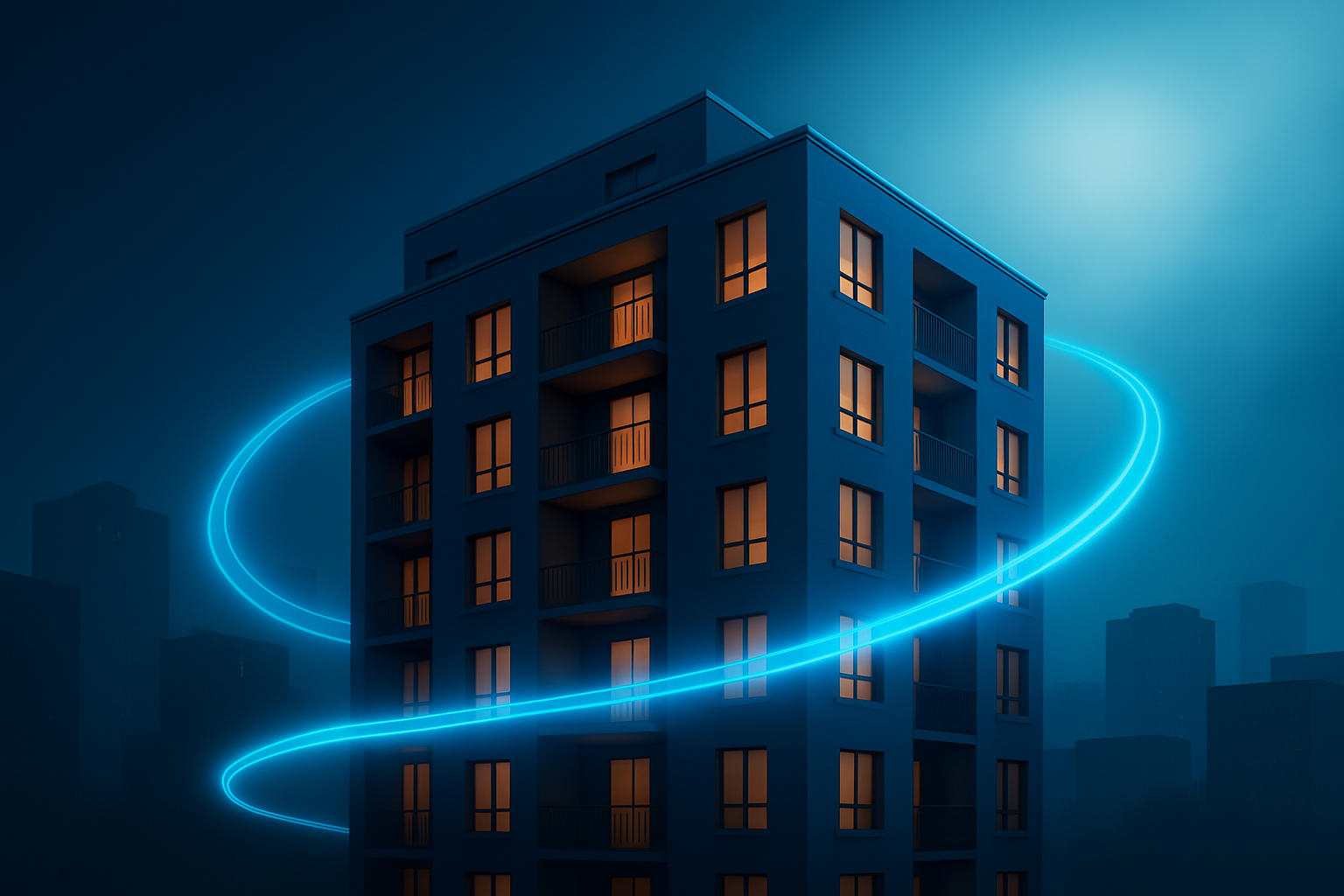 Kerrostalo, jossa etäluettavat palovaroittimet parantavat turvallisuutta ja mahdollistavat keskitetyn valvonnan.