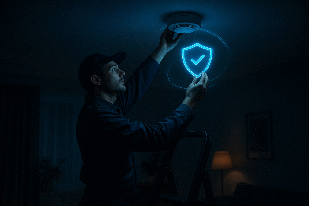 Huoltomies asentaa etäluettavaa palovaroitinta kattoon taloyhtiön huoneistossa