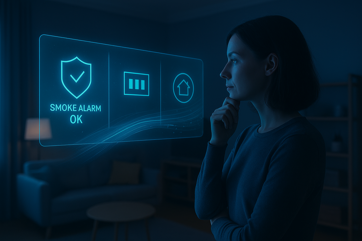 Nainen tarkastelee hologramminäyttöä, jossa näkyy etäluettavan palovaroittimen tila ja turvallisuuskuvakkeet.