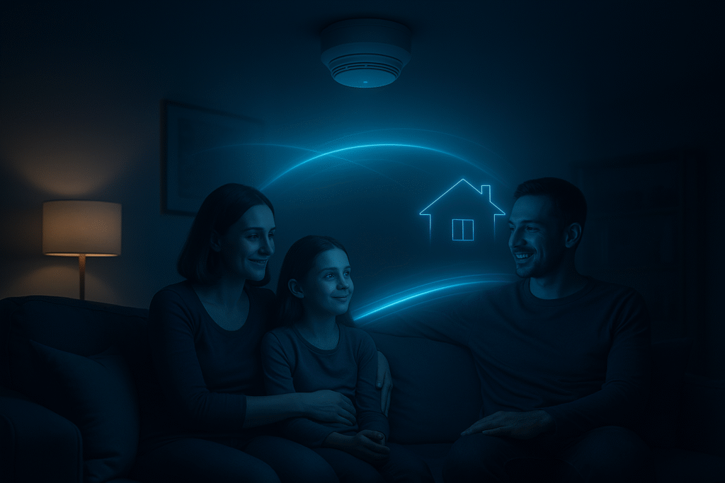 Perhe istuu sohvalla kodissa, jossa etäluettava palovaroitin turvaa asumista.