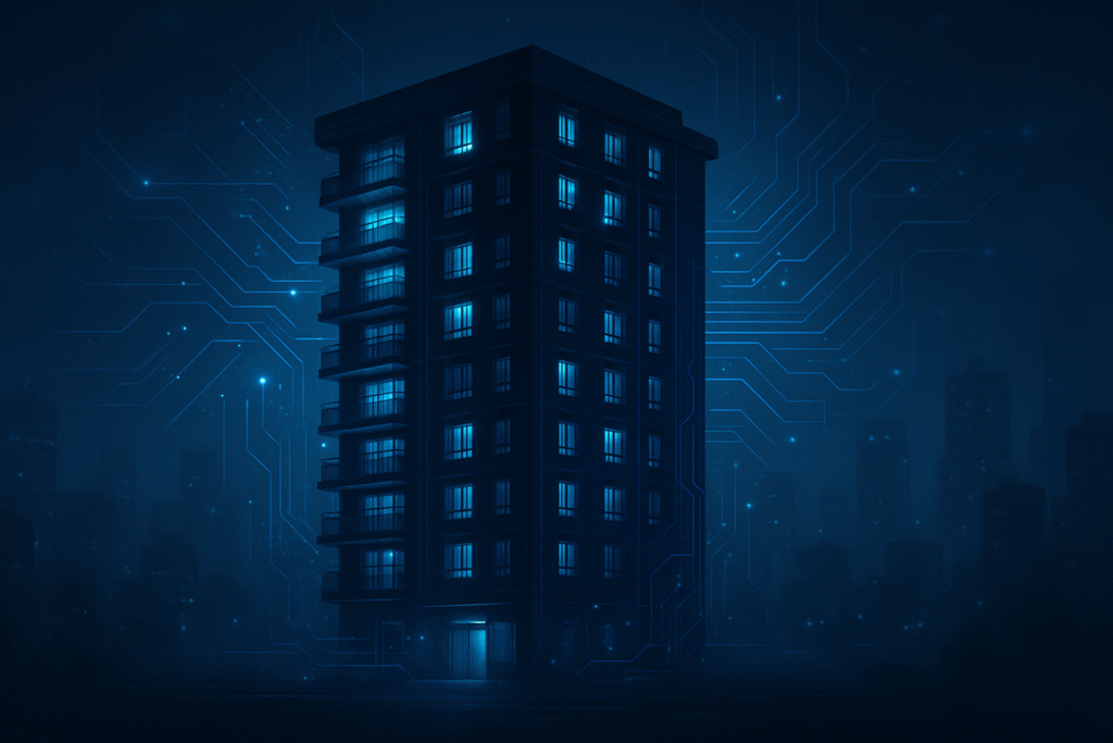 Yöaikainen kerrostalo sinisellä digitaalisella hehkulla, symboloiden etäluettavia palovaroittimia ja koko rakennuksen kattavaa suojajärjestelmää.